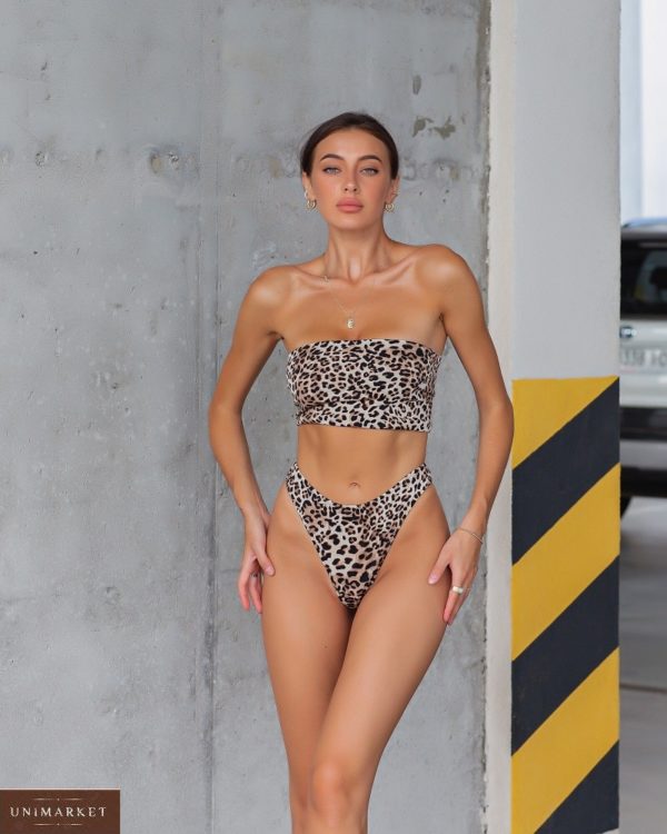 Заказать коричневый женский леопардовый купальник со шнуровкой (размер 42-52) онлайн