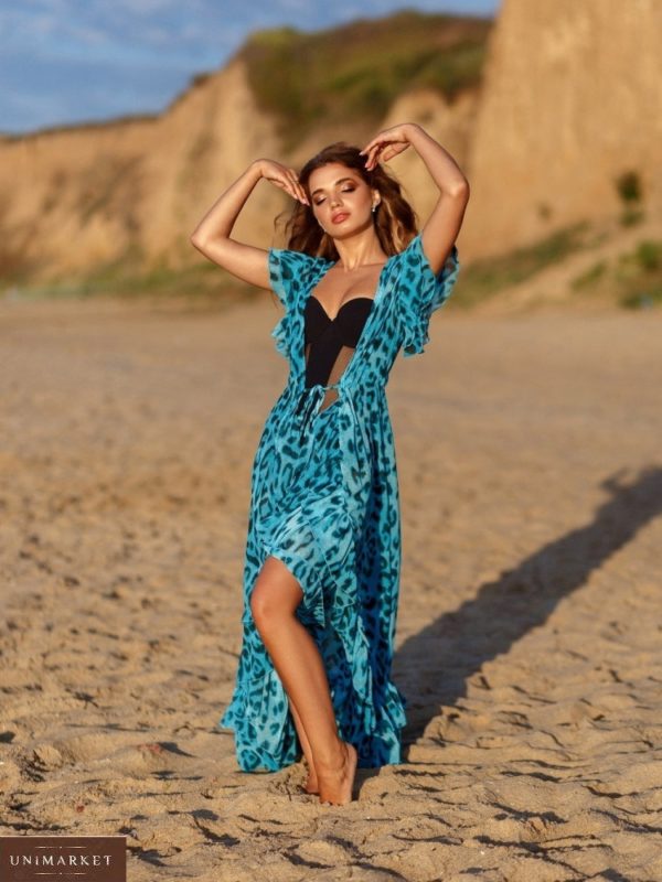 Придбати блакитну в Україні пляжну накидку з тигровим принтом для жінок