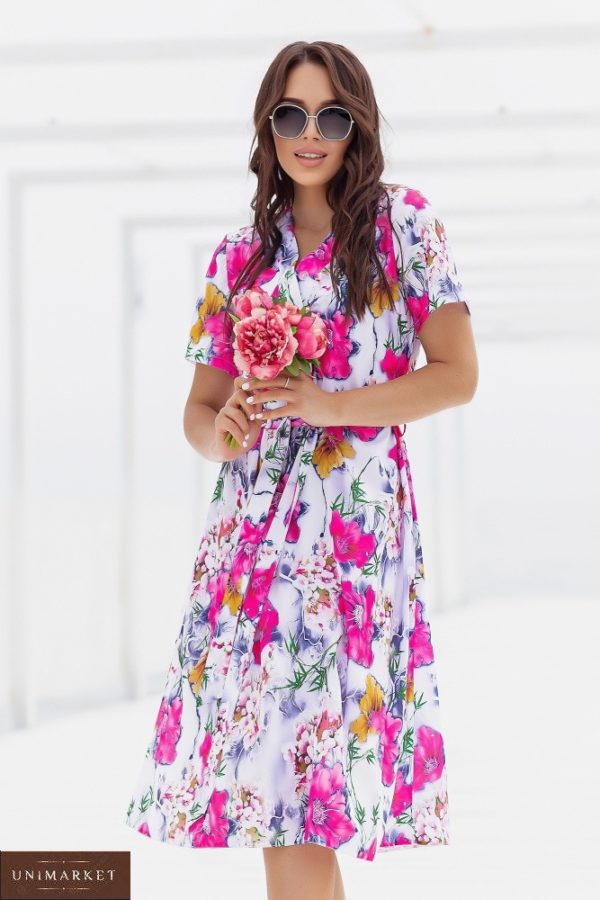 Купить женское розовое шелковое платье в цветочный принт (размер 48-52) в Украине