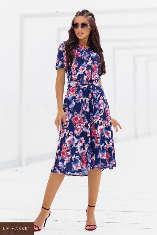 Придбати за знижку синє шовкове плаття в квітковий принт (розмір 48-52) для жінок