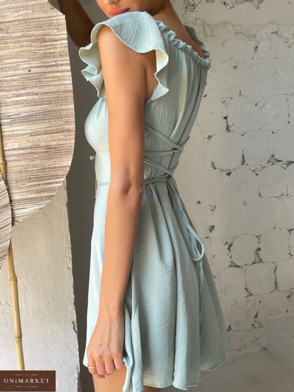 Приобрести онлайн Платье из жатки со шнуровкой голубое для женщин