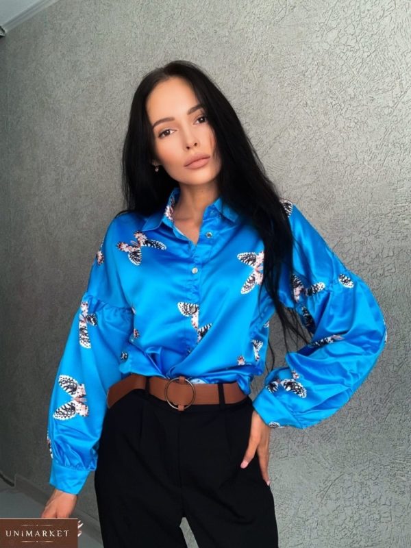 Замовити блакитну блузку з принтом метелики (розмір 42-48) в інтернеті для жінок