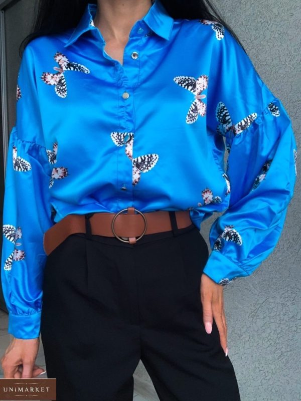 Приобрести голубую женскую блузку с принтом бабочки (размер 42-48) на распродаже