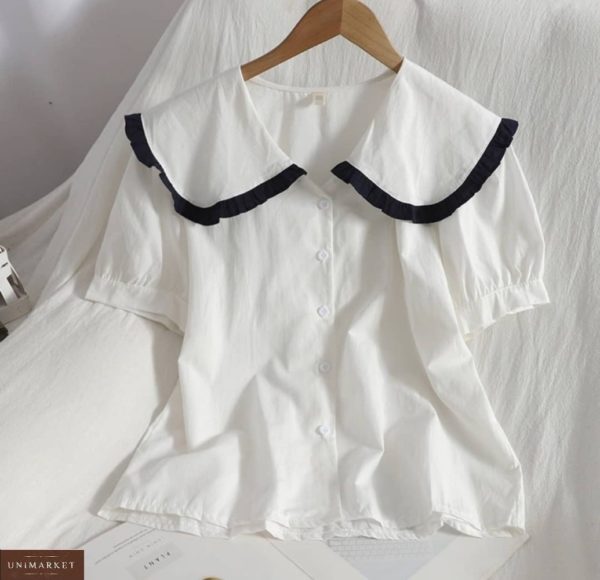 Заказать недорого белый блузку из коттона с объемным воротником для женщин