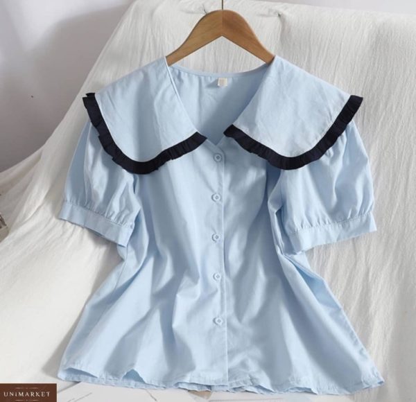 Заказать онлайн голубую блузку из коттона с объемным воротником для женщин