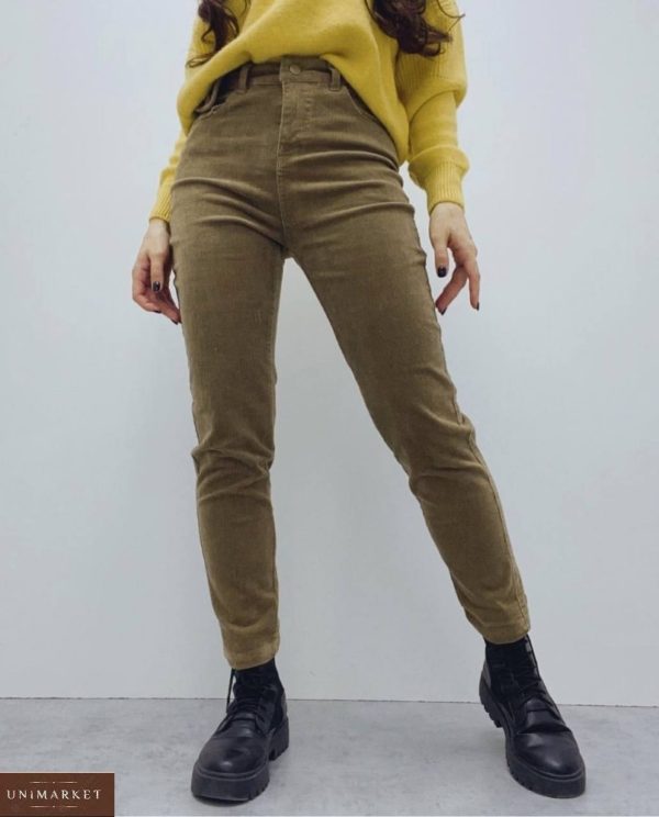 Купити штани бежеві з мікровельвету з поясом жіночі онлайн
