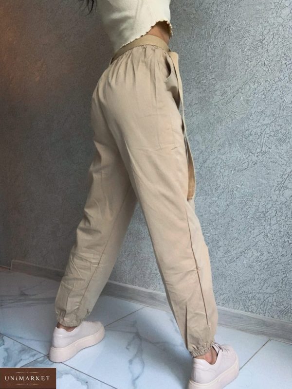 Приобрести бежевые брюки из коттона с поясом для женщин онлайн