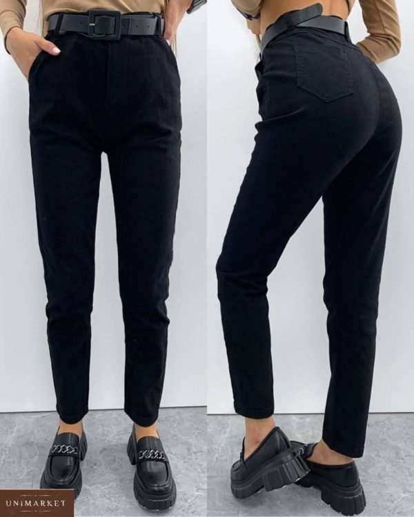 Купить черные женские стрейчевые брюки с поясом по скидке