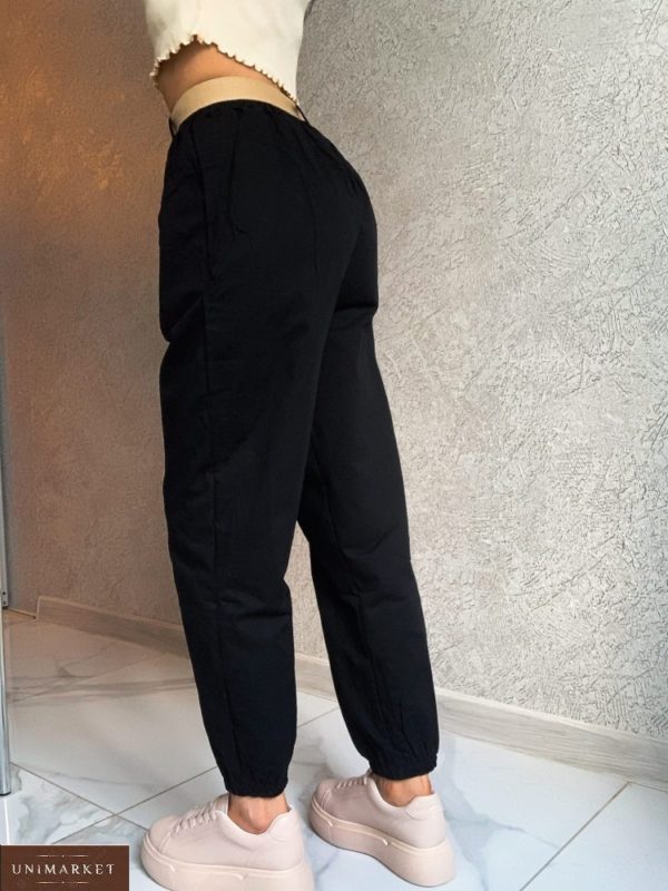 Заказать онлайн черные брюки из коттона с поясом для женщин