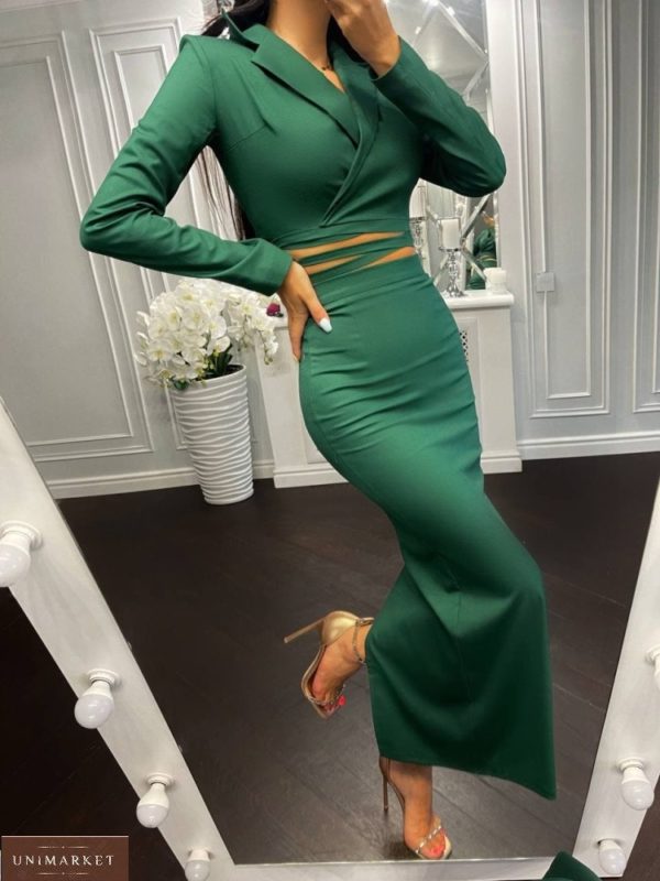 Купити зі знижкою зелений костюм з довгою спідницею для жінок