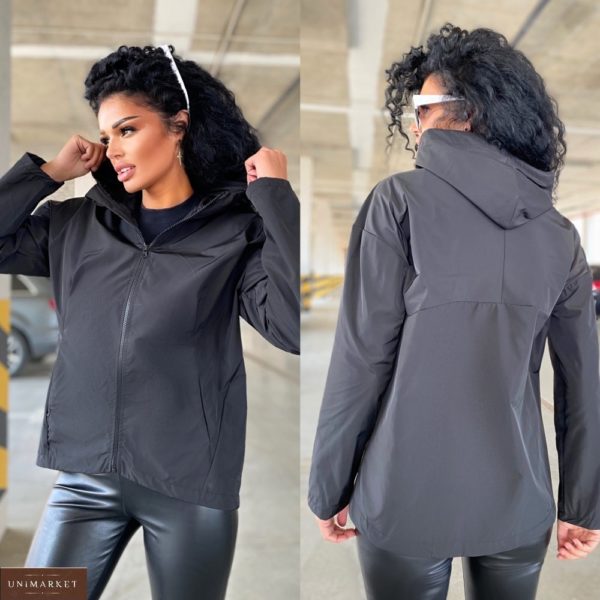 Купить черную женскую куртку плащёвку с капюшоном (размер 42-48) онлайн