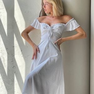 Заказать женское белое платье миди в горошек (размер 42-52) по скидке