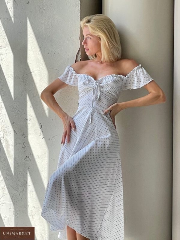 Заказать женское белое платье миди в горошек (размер 42-52) по скидке