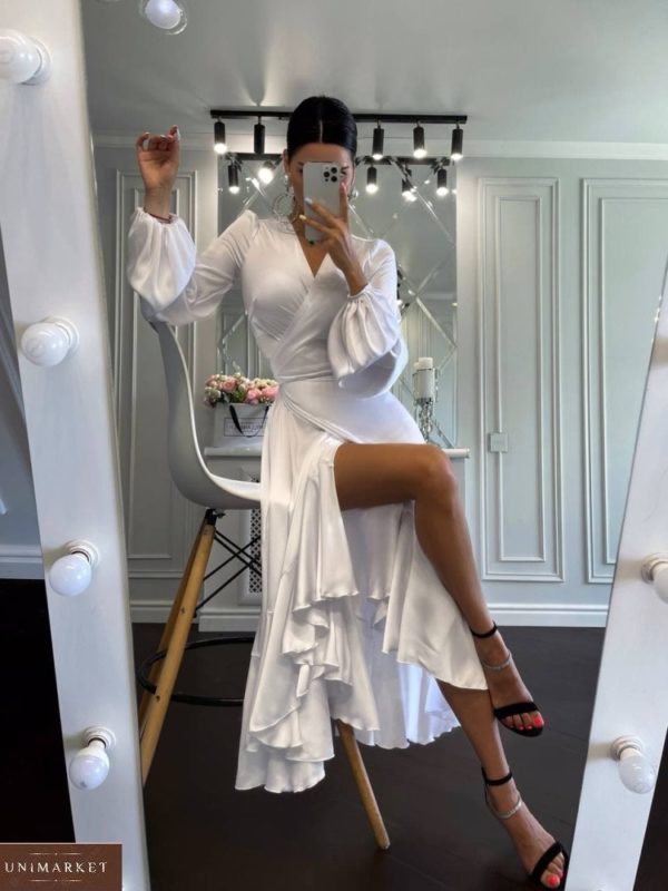 Замовити біле жіноче плаття з шовку на запах онлайн