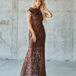 Купити зі знижкою коричневе мереживне плаття в підлогу (розмір 42-48) для жінок