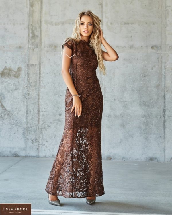 Купити зі знижкою коричневе мереживне плаття в підлогу (розмір 42-48) для жінок
