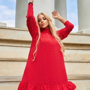 Купить красное женское закрытое платье в горошек (размер 42-56) онлайн