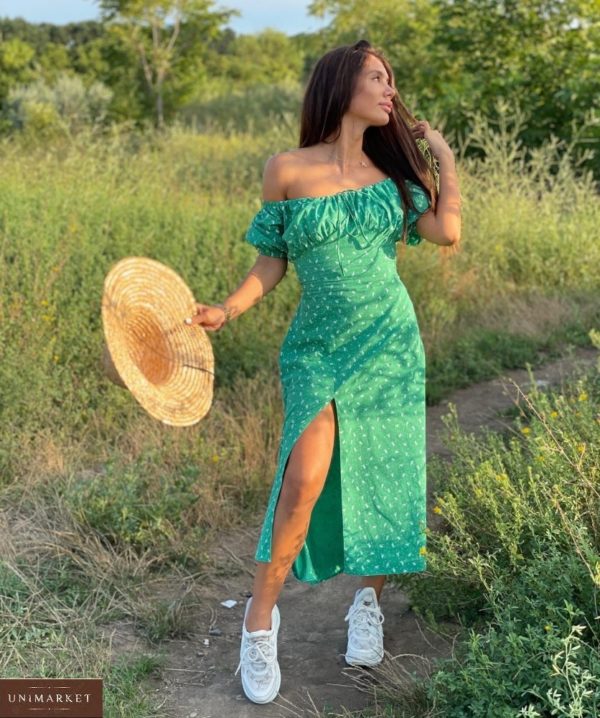 Купить зеленое женское платье миди с открытыми плечами (размер 42-52) дешево