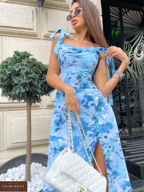 Замовити блакитне жіноче плаття в квітковий принт на зав'язках (розмір 42-48) в Україні