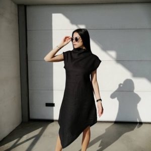 Купить по скидке черное асимметричное платье из льна для женщин