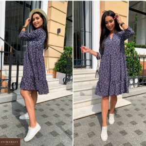 Купити синє жіноче вільне плаття в дрібний принт (розмір 42-52) в Україні онлайн