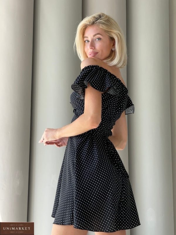 Купить черное женское летнее платье в горошек из штапеля онлайн