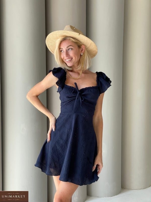 Купить в интернете женское хлопковое платье с вышивкой синего цвета