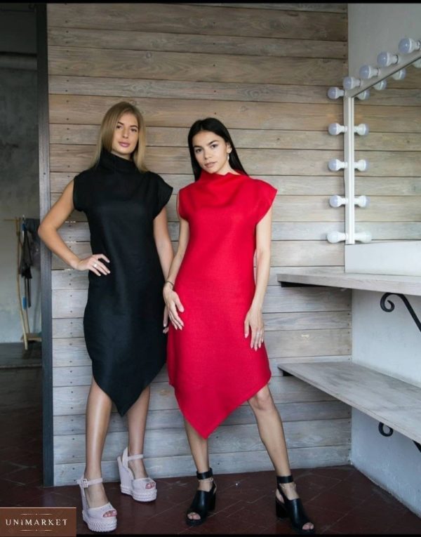 Заказать дешево красное, черное асимметричное платье из льна для женщин