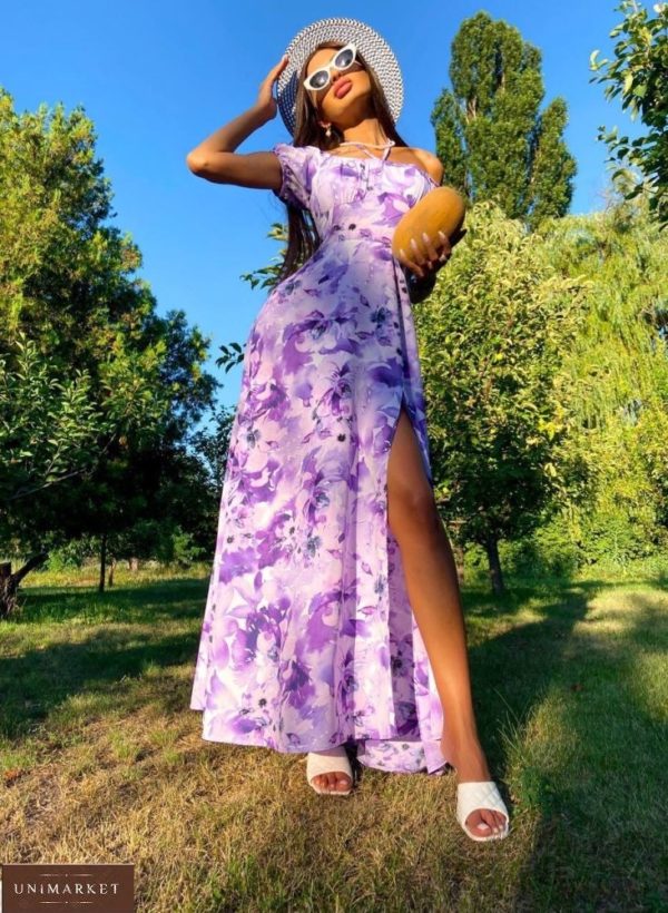 Купить по скидке лиловое платье макси с открытыми плечами (размер 42-48) женское