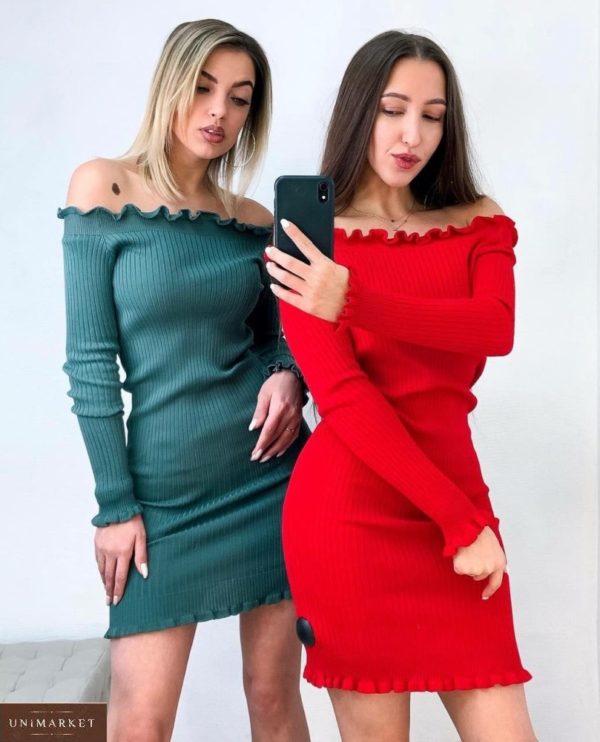 Купити зі знижкою червоне, зелене плаття з трикотажу з відкритими плечима для жінок
