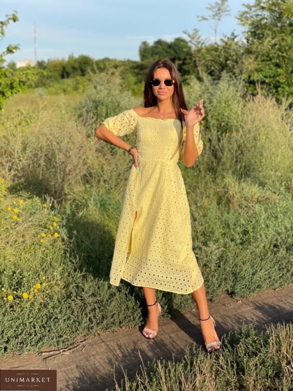 Купить желтое женское платье с разрезом из прошвы (размер 42-52) в интернете