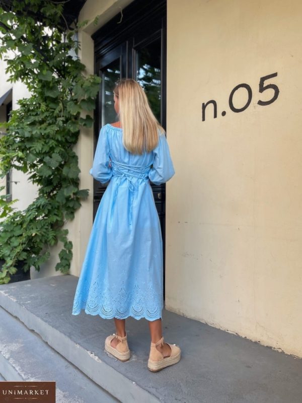 Купить голубое женское хлопковое платье с вышивкой (размер 42-52) онлайн