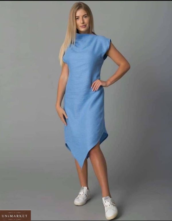 Приобрести по низким ценам голубое женское асимметричное платье из льна