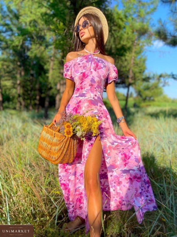 Заказать в интернете розовое платье макси с открытыми плечами (размер 42-48) для женщин