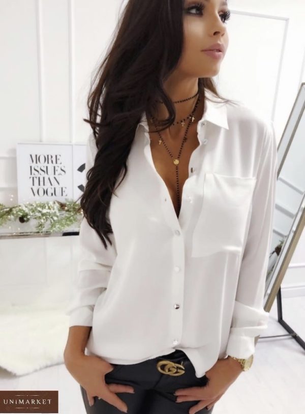 Купить недорого белую классическую рубашку из софта (размер 42-48) для женщин