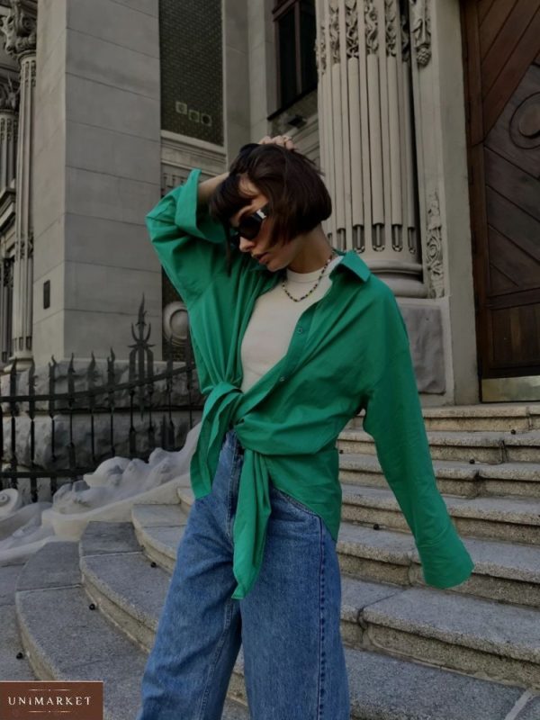 Придбати дешево жіночу сорочку оверсайз з бавовни (розмір 42-48) зеленого кольору