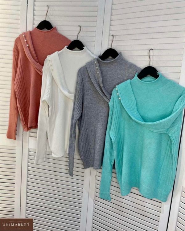 Приобрести женский онлайн свитер с воротником стойкой бирюза, белый, серый, розово-коричневый