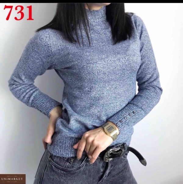 Купить синий женский кашемировый свитер с пуговицами на рукавах дешево