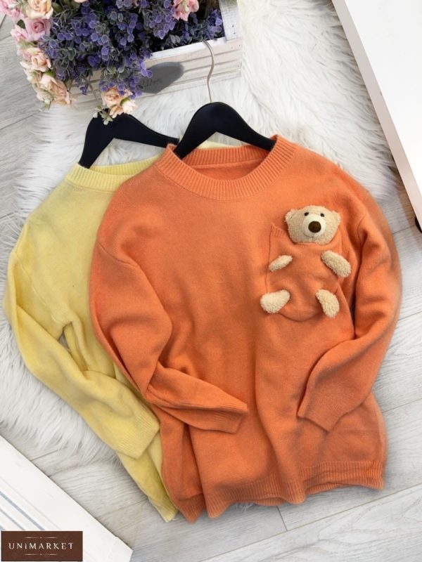 Купить оранжевый, желтый женский свитер с мишкой в Украине