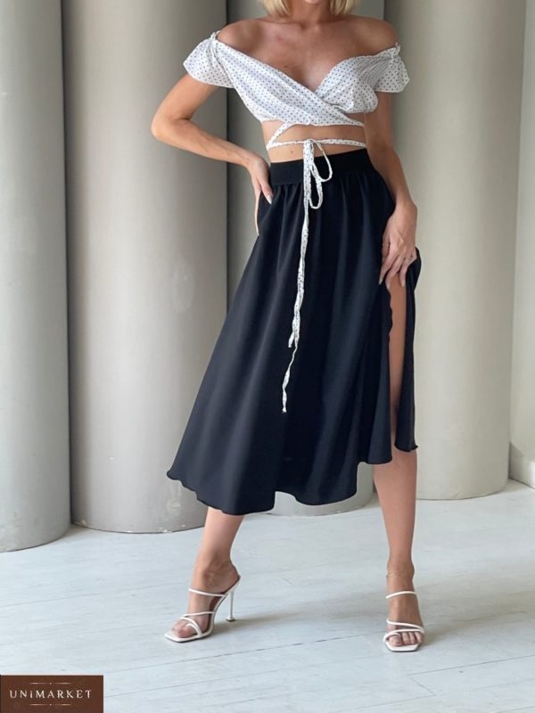 Купить черную юбку из софт-шелка с разрезом (размер 42-52) для женщин онлайн