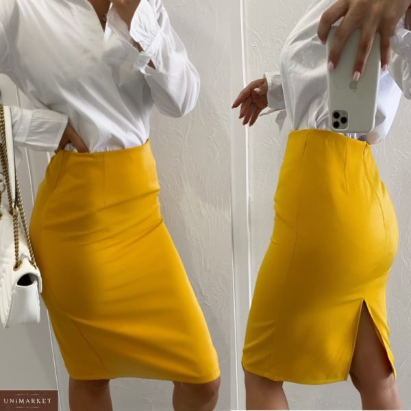 Купить недорого юбку классика с разрезом (размер 42-48) для женщин горчица