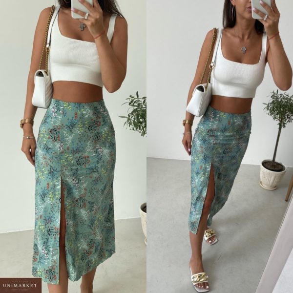 Заказать онлайн зеленую юбку миди с принтом и разрезом (размер 42-48) для женщин