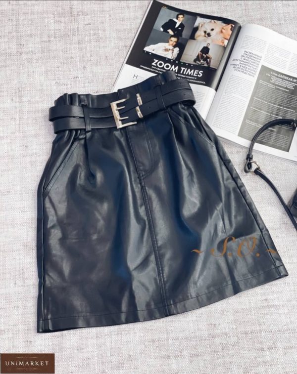Заказать черную женскую кожаную юбку с двойным ремнем онлайн