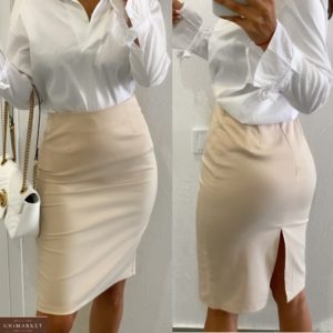 Заказать недорого бежевую юбку классика с разрезом (размер 42-48) для женщин