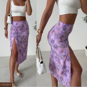 Купить лиловую женскую юбку миди с принтом и разрезом (размер 42-48) в интернете