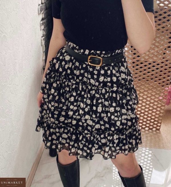 Заказать черную женскую юбку в цветочный принт с рюшами онлайн