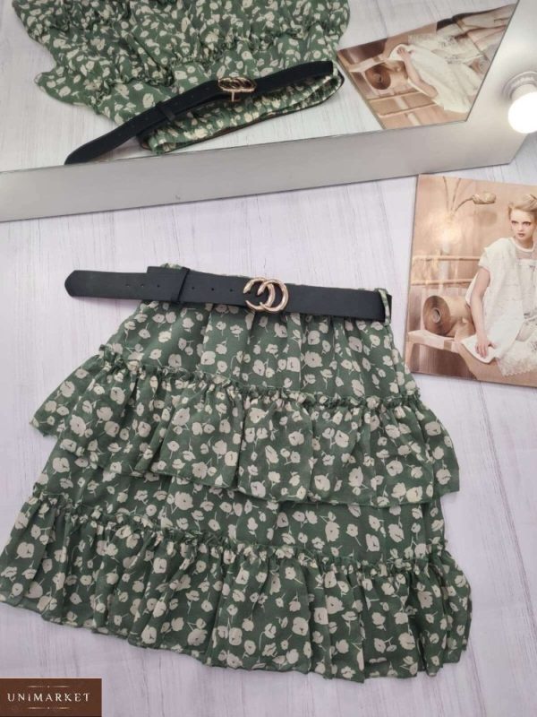 Купить женскую юбку в цветочный принт с рюшами цвета хаки по низким ценам
