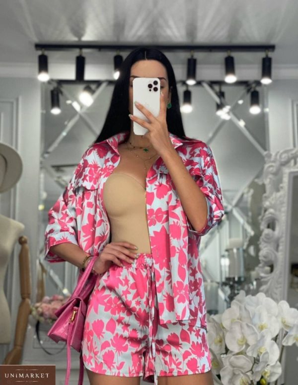 Купити онлайн рожевий шовковий костюм з принтом для жінок