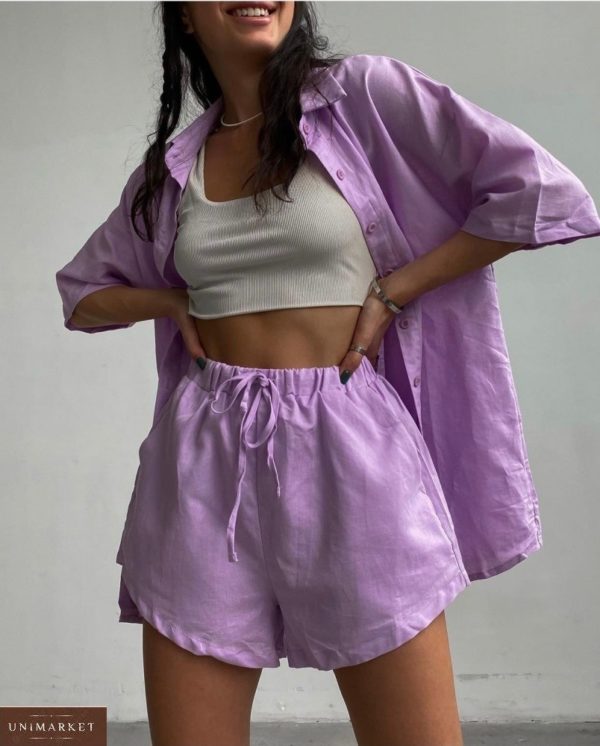 Купити в інтернеті ліловий жіночий костюм з укороченими шортами і сорочкою (розмір 42-48)