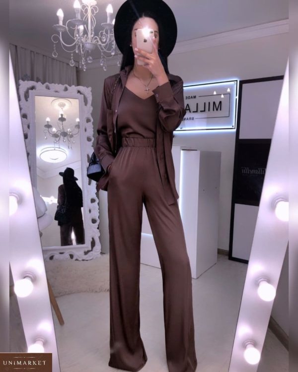 Заказать коричневый женский костюм тройка из шелка армани в интернете